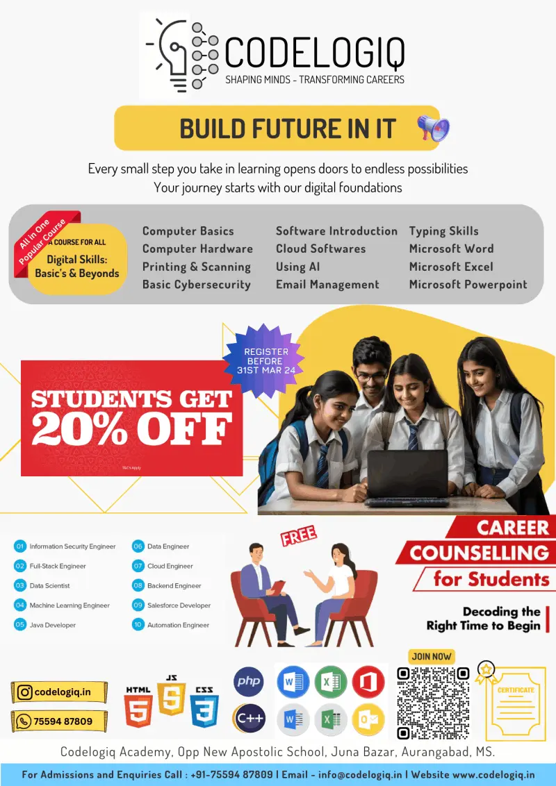 Codelogiq - Python - Web Desgining - Computer Hardware - Computer Software - Cybersecurity - Cloud Software - Email Management - Typing - Microsoft Word - Microsoft Powerpoint - Microsoft Excel - PHP - Tally - C - C++ - Python